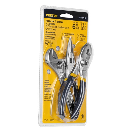 [28216] Juego de 2 pinzas y 1 llave ajustable, mangos de PVC, PRETUL JGO-PEPI-3P