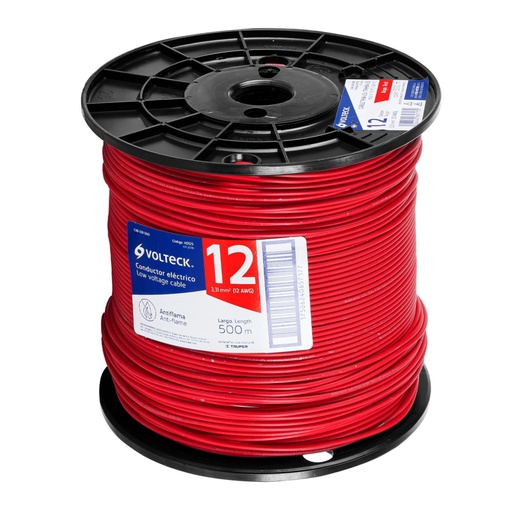 [40125] Metro de cable THHW-LS 12 AWG rojo en carrete de 500 m CAB-12R-500