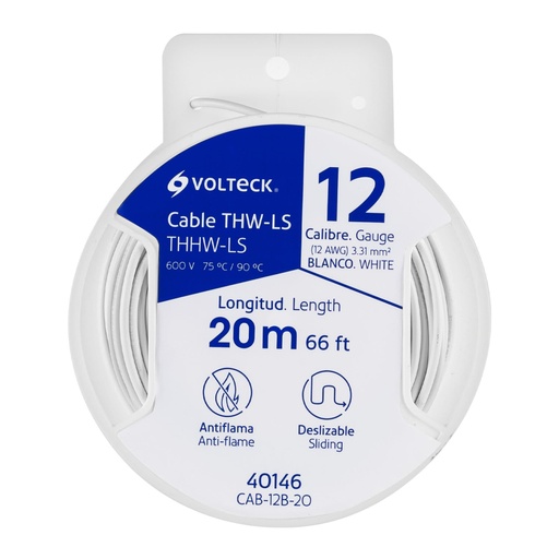 [40146] Carrete con 20 m de cable THHW-LS 12 AWG blanco, VOLTECK CAB-12B-20