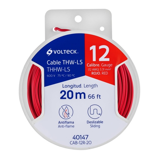 [40147] Carrete con 20 m de cable THHW-LS 12 AWG rojo, VOLTECK CAB-12R-20