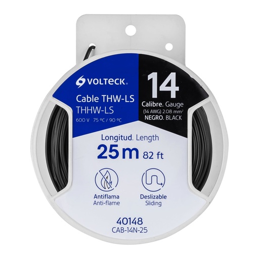 [40148] Carrete con 25 m de cable THHW-LS 14 AWG negro, VOLTECK CAB-14N-25