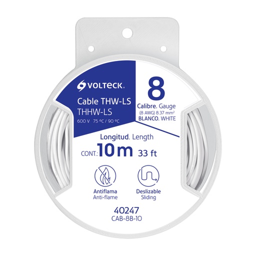 [40247] Carrete con 10 m de cable THHW-LS 8 AWG blanco, VOLTECK CAB-8B-10