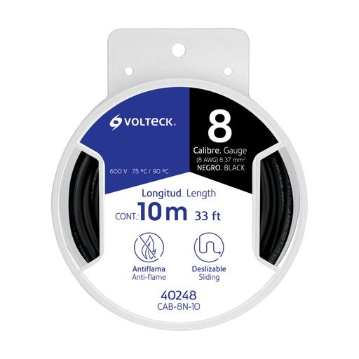 [40248] Carrete con 10 m de cable THHW-LS 8 AWG negro, VOLTECK CAB-8N-10