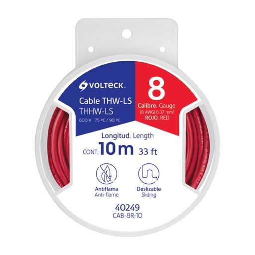 [40249] Carrete con 10 m de cable THHW-LS 8 AWG rojo, VOLTECK CAB-8R-10