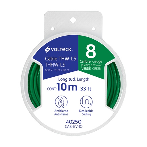 [40250] Carrete con 10 m de cable THHW-LS 8 AWG verde, VOLTECK CAB-8V-10