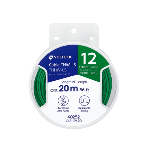 [40252] Carrete con 20 m de cable THHW-LS 12 AWG verde, VOLTECK CAB-12V-20