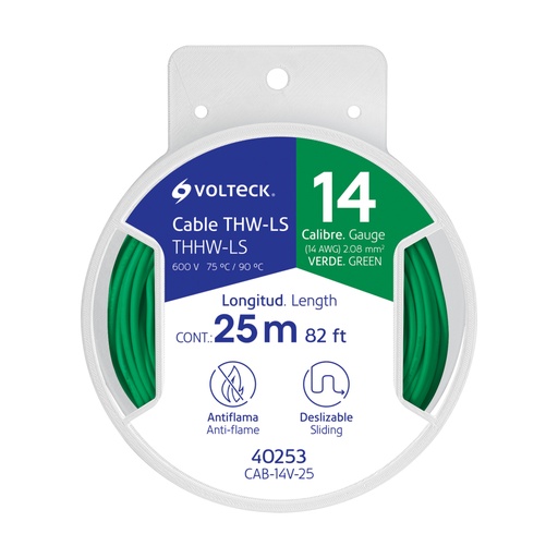 [40253] Carrete con 25 m de cable THHW-LS 14 AWG verde, VOLTECK CAB-14V-25