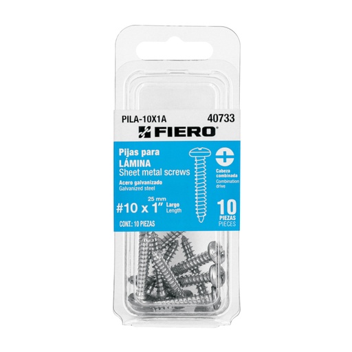 [40733] Blíster con 10 pijas para lámina, #10 x 1', FIERO PILA-10X1A