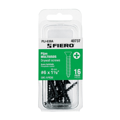 [40737] Blíster 16 pijas #6 x 1-1/2'cabeza plana phillips multiusos PIJ-638A