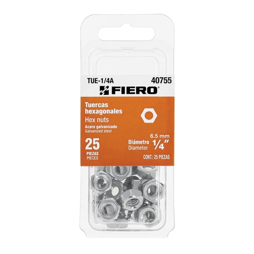 [40755] Blíster con 25 tuercas 1/4' hex de acero galvanizado, FIERO TUE-1/4A