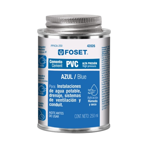[42026] Cemento p/PVC, azul, alta presión, lata 250ml, FOSET PPVCA-250