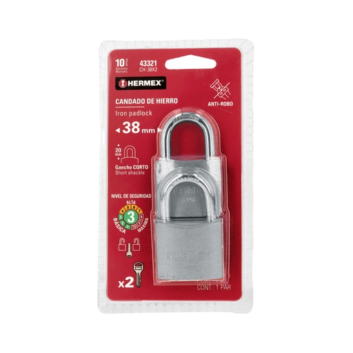 [43321] Blíster con 2 candados de hierro de 38mm con gancho corto CH-38X2
