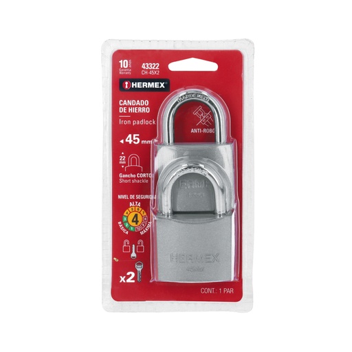 [43322] Blíster con 2 candados de hierro de 45mm con gancho corto CH-45X2