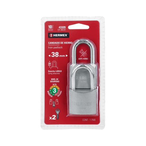 [43329] Blíster con 2 candados de hierro de 38 mm, gancho largo CH-38LX2