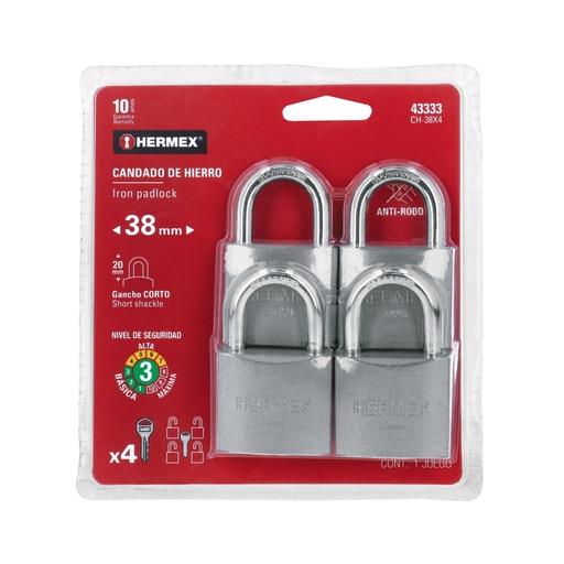 [43333] Blíster con 4 candados de hierro de 38mm con gancho corto CH-38X4