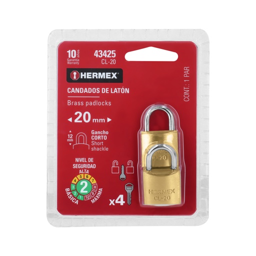 [43425] Blíster con 2 candados de latón de 20mm con gancho corto CL-20