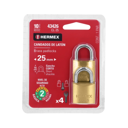 [43426] Blíster con 2 candados de latón de 25mm con gancho corto CL-25