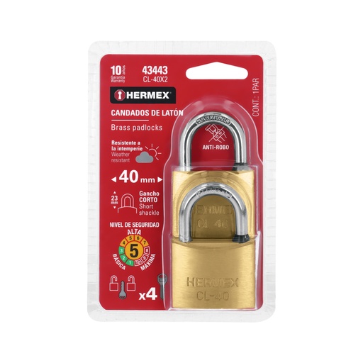 [43443] Blíster con 2 candados de latón de 40mm con gancho corto CL-40X2