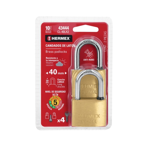 [43444] Blíster con 2 candados de latón de 40mm con gancho largo CL-40LX2