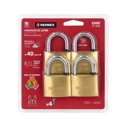 [43445] Blíster con 4 candados de latón de 40mm con gancho corto CL-40X4