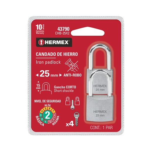 [43790] Blíster con 2 candados de hierro de 25 mm, gancho corto CHB-25X2