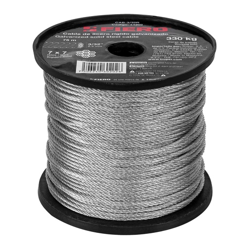 [44209] Metro de cable rígido 3/32' de acero 7x7 hilos, 75 m, FIERO CAB-3/32R