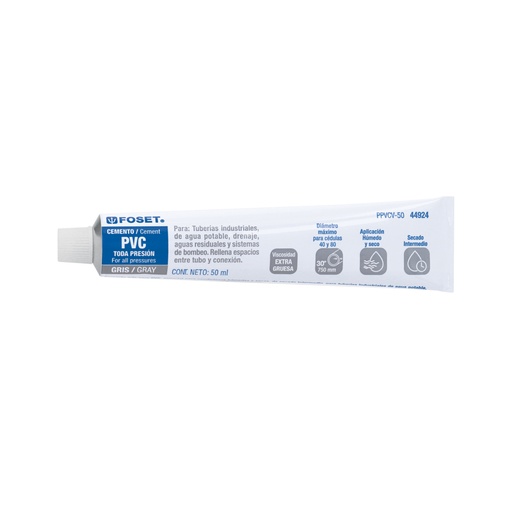 [44924] Cemento para PVC, gris, máxima viscosidad, tubo 50ml, FOSET PPVCV-50