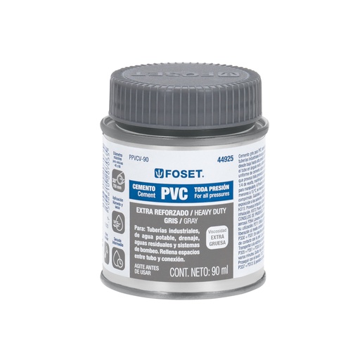 [44925] Cemento para PVC, gris, máxima viscosidad, lata 90ml, FOSET PPVCV-90
