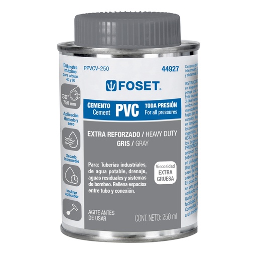 [44927] Cemento para PVC, gris, máxima viscosidad, lata 250ml, FOSET PPVCV-250