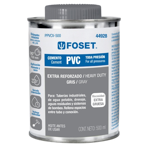 [44928] Cemento para PVC, gris, máxima viscosidad, lata 500ml, FOSET PPVCV-500