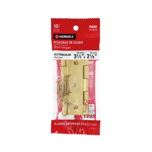 [45689] Bolsa con 2 bisagras rectangulares 3-1/2', acero latonado BR-351B