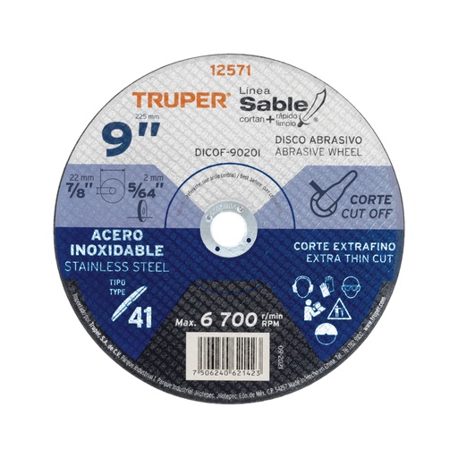 [12571] Disco Tipo 41 de 9' x 2 mm corte fino acero inox, Sable DICOF-9020I