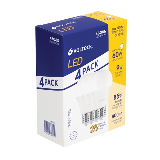 [48085] Pack 4 focos LED 9W (60W) A19, 3000K blanca cálida, 800 lm LED-60CX4