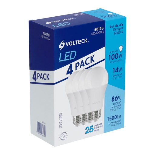 [48128] Pack 4 focos LED 14W (100W) A19, 6500K blanca fría, 1500 lm LED-100FX4