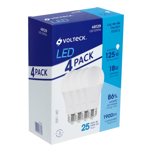 [48129] Pack 4 focos LED 18W (125W) A25, 6500K blanca fría, 1900 lm LED-125FX4