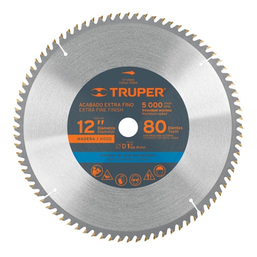 [12684] Disco sierra 12' para madera, 80 dientes centro 1', TRUPER ST-1280E