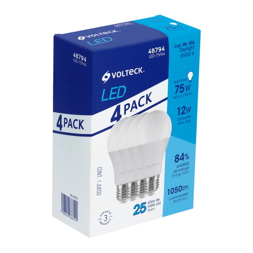 [48794] Pack 4 focos LED 12W (75W) A19, 6500K blanca fría, 1050 lm LED-75FX4
