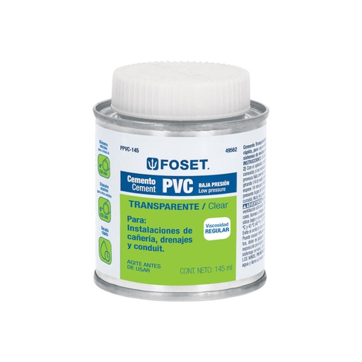 [49562] Cemento p/PVC, transparente, baja presión, lata 145ml, FOSET PPVC-145
