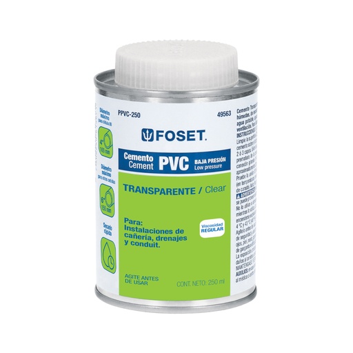 [49563] Cemento p/PVC, transparente, baja presión, lata 250ml, FOSET PPVC-250