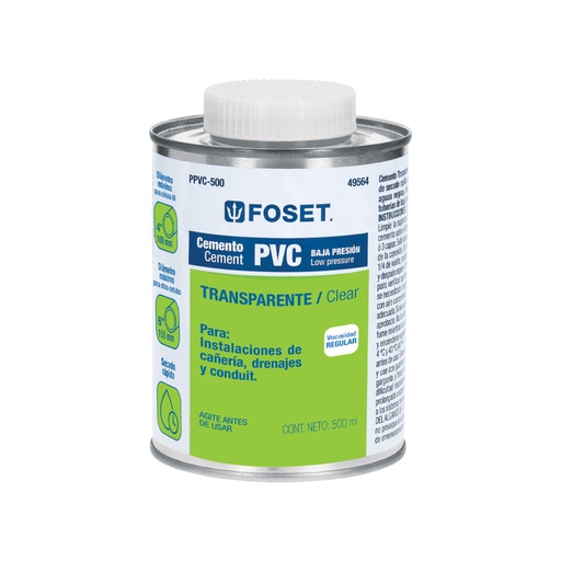 [49564] Cemento p/PVC, transparente, baja presión, lata 500ml, FOSET PPVC-500