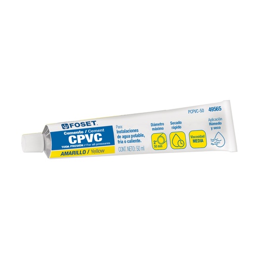 [49565] Cemento p/CPVC, amarillo, toda presión, tubo 50ml, FOSET PCPVC-50