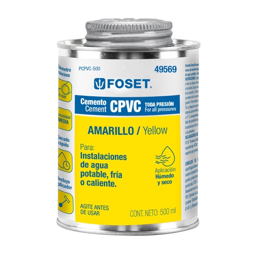 [49569] Cemento p/CPVC, amarillo, toda presión, lata 500ml, FOSET PCPVC-500