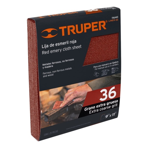 [11640] Lija de esmeril roja grano 36 de óxido de aluminio, TRUPER LIMER-36