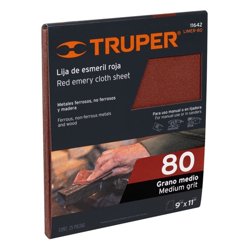 [11642] Lija de esmeril roja grano 80 de óxido de aluminio, TRUPER LIMER-80