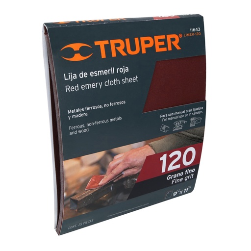 [11643] Lija de esmeril roja grano 120 de óxido de aluminio, TRUPER LIMER-120