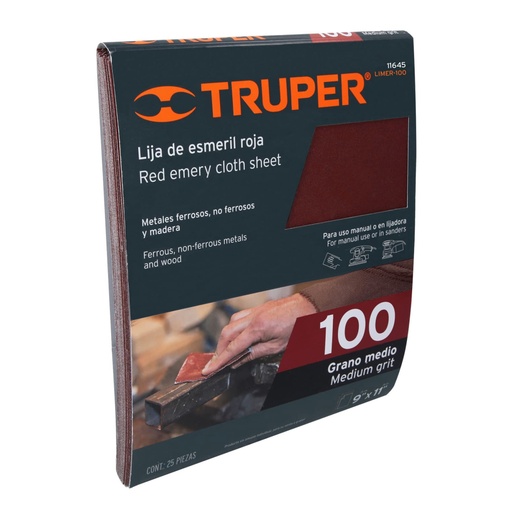 [11645] Lija de esmeril roja grano 100 de óxido de aluminio, TRUPER LIMER-100