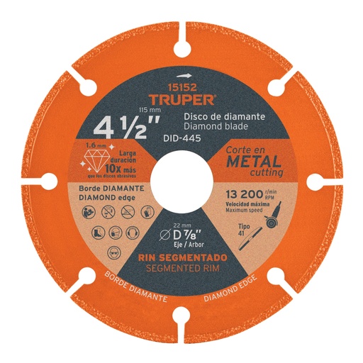 [15152] Disco de diamante de 4-1/2' x 1.6 mm, corte de metal, TRUPER DID-445