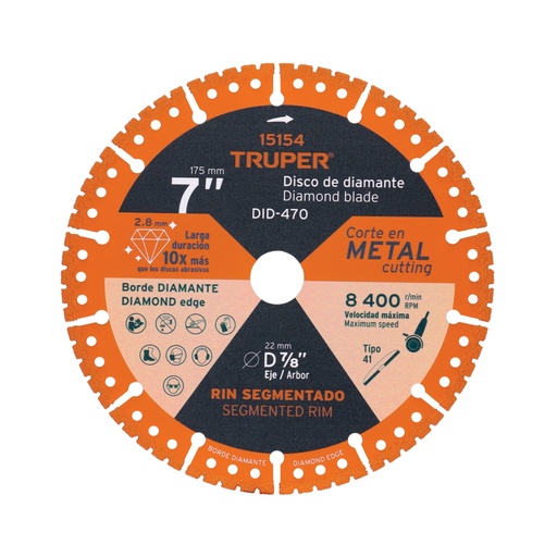 [15154] Disco de diamante de 7' x 2.8 mm, corte de metal, TRUPER DID-470