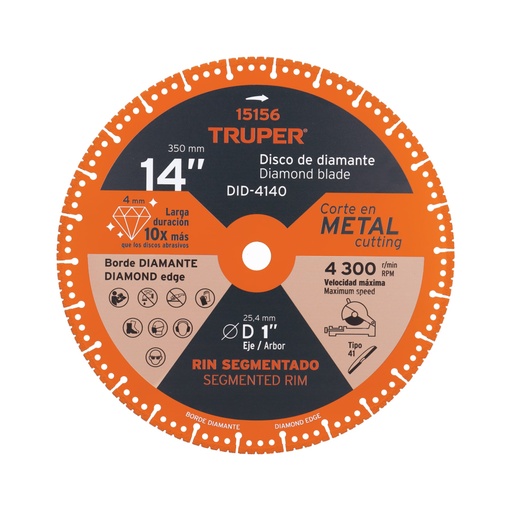[15156] Disco de diamante de 14' x 4 mm, corte de metal, TRUPER DID-4140
