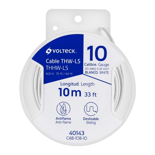 [40143] Carrete con 10 m de cable THHW-LS 10 AWG blanco, VOLTECK CAB-10B-10